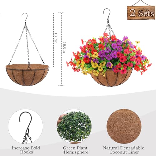 Hananona 2 Set Artificial Outdoor Flowers with Hanging Basket, 2 Hanging Planters with 24 Pcs Flowers for Spring Summer Front Porch Garden Patio Home Decor (2, Red, Purple, Yellow, Rose Red) - color: Red, Purple, Yellow, Rose Red