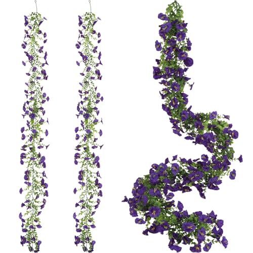 2 Pack Artificial Petunias Flowers Garlands, 6FT Purple Fake Morning Glory Flowers Eucalyptus Vine for Decoration Silk Flowers for Outdoor Home Garden Wall Wedding Decor(Purple) - color: Purple