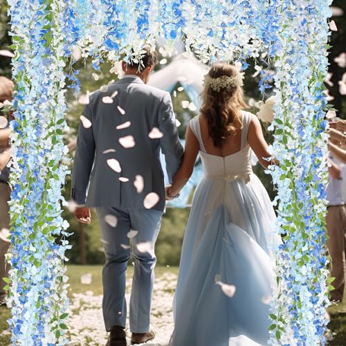 Thiccywoov 4pcs Wisteria Artificial Flowers Garland, 7.2Ft/Piece Wisteria Hanging Flowers Garland for Wedding Arch Decoration Outdoor Ceremony Home Backdrop Garden (Light Blue,Dark Blue,White) - color: Light Blue, Dark Blue,white