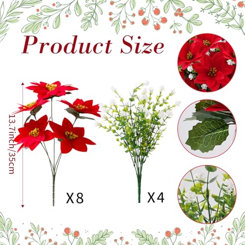 14'' Artificial Poinsettias Flowers for Outdoor,12 Bunches Mixed Fake Red Flowers Faux Eucalyptus Plants UV-Resistant for Home Garden Porch Christmas Winter Spring Outdoor Indoor Decor