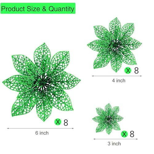 Wironlst 24 Pieces Glitter Poinsettia Flowers Christmas Tree Ornaments, Glitzy Poinsettia Bushes Christmas Decorations for Xmas/Holiday/Seasonal/Wedding (Green) - color: Green