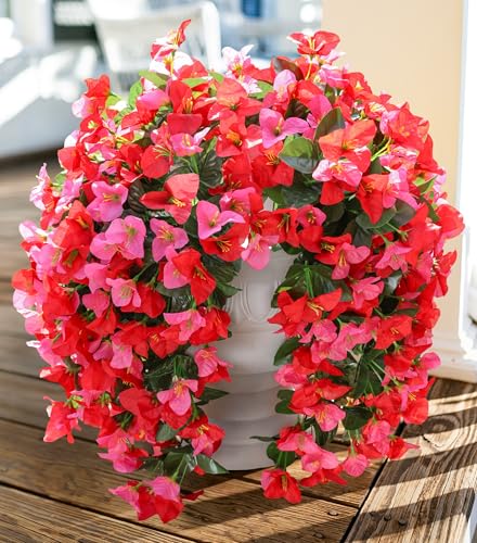 Faux Bougainvillea Artificial Flowers Plants for Outdoors Outside Decoration, 2 pcs Fake Flowers Realistic UV Resistant Silk Long Trailing Vines for Front Door Porch Planter Urn Patio Balcony Yard,Mix - color: Red + Hot-pink