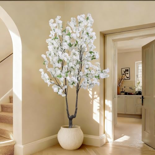 Faux White Cherry Blossom Tree 6ft(72in) Tall Artificial Japanese Sakura in Pot Realistic Cherry Plant Decor Handmade Natural Fake Pink Flower Tree for Christmas,New Year,Wedding,Living Room - color: Cherry Blossom(white 9), size: 6ft