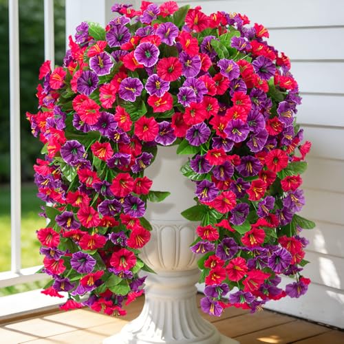 INXUGAO Artificial Fake Hanging Flowers Plants for Outdoor Spring Summer Decoration, 2PCS Faux Silk Morning Glory Long Vines Stems UV Resistant Look Real for Outside Home Porch Patio, Hot Pink Purple - color: Rose Red Violet