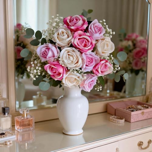 12PCS Artificial Realistic Silk Fake 3-Colored Roses Long Stem | 3 Colors Mixed Roses For Wedding Decoration, Party Table Decoration, Valentines Mother's Day - color: 4 Pink/4 Red/4 Champagne