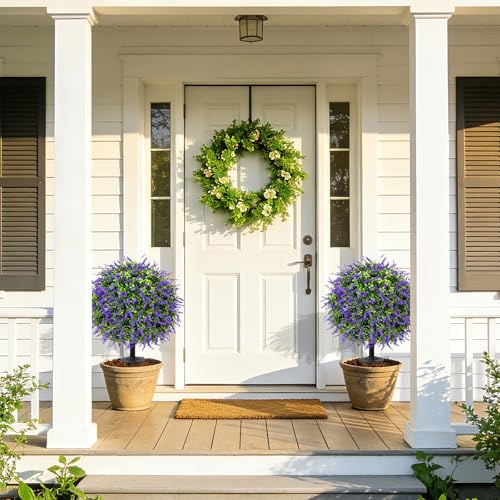 Bdor 25" Artificial Lavender Topiary Ball Trees with Ground Stake, Faux Potted Plants Purple Lavender Set of 2, Outdoor Fake Flower Bushes, UV Resistant for Home Lawn and Front Porch Garden Decor - style: Lavender