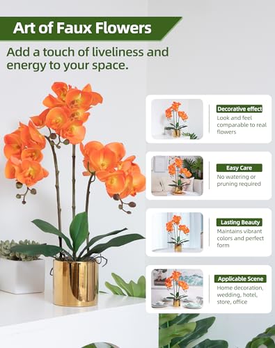 Artificial Orchid Flowers Set Real Touch Faux Flower in Vase Faux Butterfly Orchid Lifelike Orchid Arrangement for Wedding Home Office Party Hotel Decoration - color: Orange