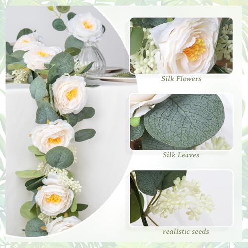 Uguisu 2Pcs Artificial Garland with Roses, 5.9ft Greenery Eucalyptus Garland for Wedding, Party, Mantel, Table, Indoor and Outdoor Decoration. Champagne - color: Champagne