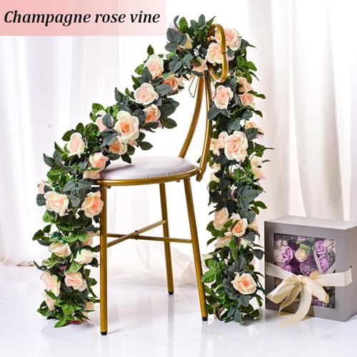 YRIOWMI 10PCS Fake Rose Garland, 7.5Ft Artificial Vines Flowers Hanging Rose Vine forfor Table Wedding Backdrop Arch Wall Party Mantle Festival Decor (Champagne) - color: Champagne