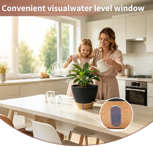 12"/10"/9"/8" Self Watering Pots with Visual Water Window,Extra Large Self Watering Plant Pots with Drainage Holes & Saucers,Black Planters for Indoor Plants,4-Pack - color: Black