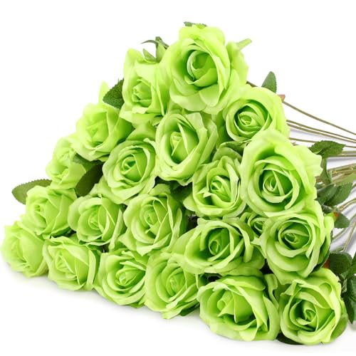 Hotop 20 Pcs Artificial Rose Flowers with Long Stem,Real Lifelike Silk Realistic Plastic Bouquet Roses Bulk for Home Decor Bridal Wedding Party Table Centerpieces Decorations(Green) - color: Green