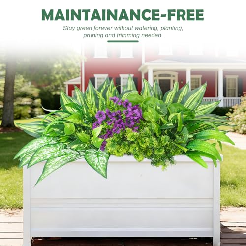 THKFUL 14Bundles Artificial Greenery Plants Outdoor Artificial Ivy Plants Faux Pothos Ferns Stems UV Resistant, Realistic Fake Shrubs Grasses Flowers Planter Filler for Window Box,Porch,Garden,Front - color: Purple Green