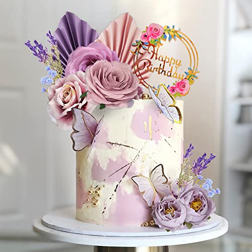 17 PCS Flower Cake Toppers Butterfly Cake Decorations Happy Birthday Cake Toppers with Artificial Purple and Pink Rose Eucalyptus for Birthday Wedding (Purple) - style: Purple