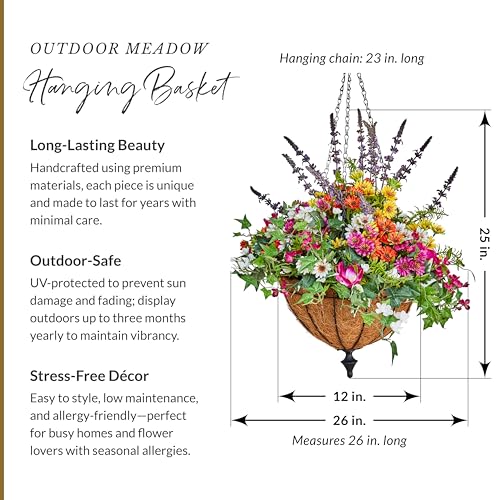 Balsam Hill Outdoor Meadow Spring & Summer Hanging Basket - 26" Premium UV-Protected Fake Outdoor Flowers for Porch, Patio, & Garden - color: Meadow