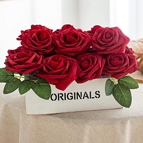 25pcs Artificial Flower Foam Rose Real Touch Roses Flower Heads with Stem for DIY Wedding Bouquets Centerpieces Arrangements Party Baby Shower Home Decor (Dark Red) - color: Dark Red