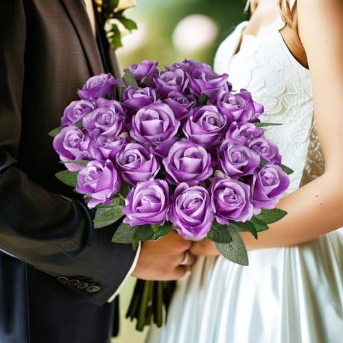 40 PCS Artificial Flowers Fake Roses with Long Stem Realistic Artificial Flowers Bulk for Wedding Party Home Bathroom Kitchen Decor (Rose+Purple) - color: Rose+purple
