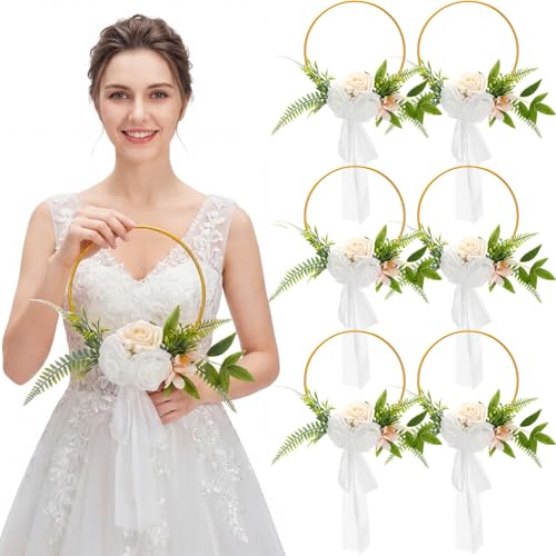 XunYee Set of 6 Bridesmaid Bouquets for Wedding 7.5 Inch Wedding Floral Hoop Wreath Artificial Flower Bouquet for Party Ceremony Anniversary Dinning Table Centerpieces Decor(Champagne,Elegance) - color: Champagne, style: Elegance