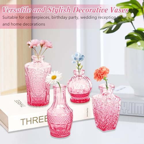 Set of 40 Glass Bud Vases, Small Pink Glass Vases in Bulk, Mini Vintage Embossed Flower Vase for Wedding, Centerpieces, Birthday Party, Baby Shower, Home Table Decorations (Pink) - color: Pink