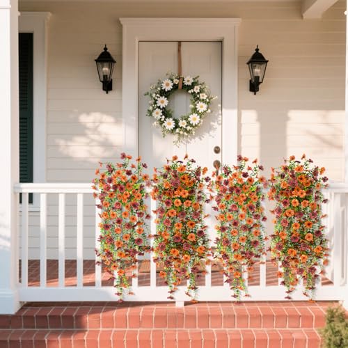 ZFProcess Artificial Hanging Flowers Plants for Outdoor Fall Decoration, 2PCS Faux Silk Daisy UV Resistant Look Real for Outside Home Indoor Planter Porch Garden Yard Autumn Decor(Orange Brown) - color: Orange Brown