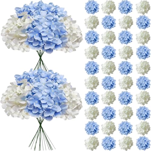 Hydrangea Artificial Flowers, 40 Pcs White And Blue Hydrangea Artificial Flowers Bulk, Faux Hydrangea Flowers for Outdoor, Fake Silk Ivory Hydrangea Flowers with Stems for Wedding Decoration Decor - color: White Blue, size: 40 Pcs