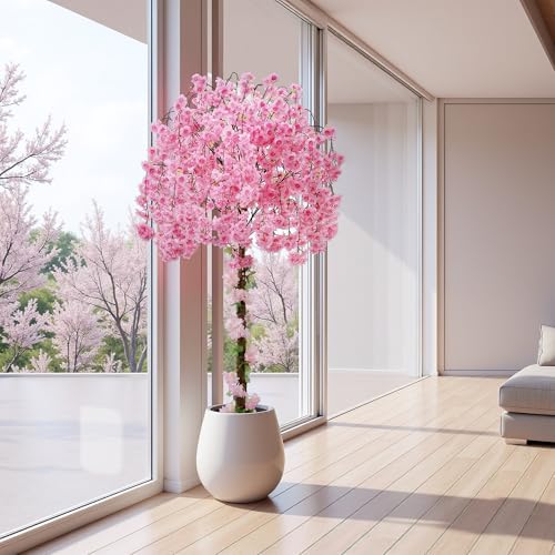 Artificial Cherry Blossom Tree, 6FT Height with 100 LED Lights, Faux Silk Plant in Pot for Home, Office, Wedding, Garden, Party, and Hotel Decorations (Pink, 6FT) - color: 6ft Pink Cherry