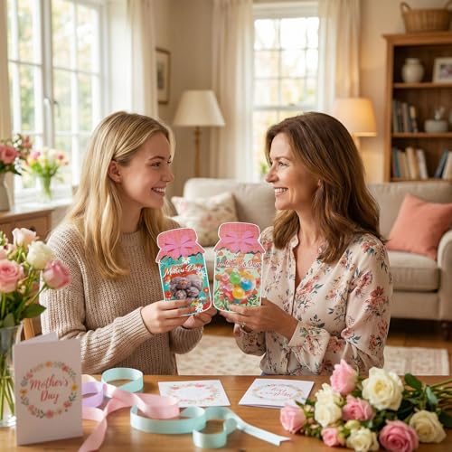 Avxdbr 27 Pack Mother’s Day Mason Jar Candy Cards DIY Heart Cutout Floral Cards with Treat Bags and Tape Mother’s Day Treat Bags with Heart Window for Mom
