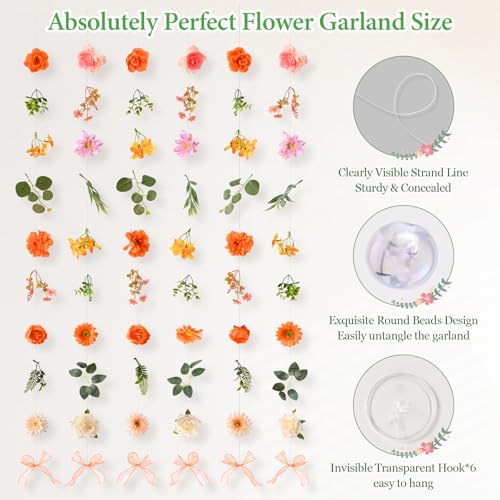 Livole 6Pcs 36Ft Hanging Flower Garland with Bow Wildflower Garlands Backdrop Silk Artificial Fake Floral Vines for Wedding Bridal Party Birthday Arch Wall Home Garden Decor(Orange) - color: Orange, size: 6Pcs