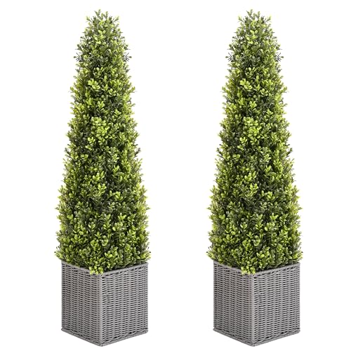 48 Inch Artificial Boxwood Topiary Tree 2 Pack, Two 4FT Potted Boxwood Tree Cone Topiary Artificial Plant Shrub for Front Porch Home Office Decor…… (2, 4FT)