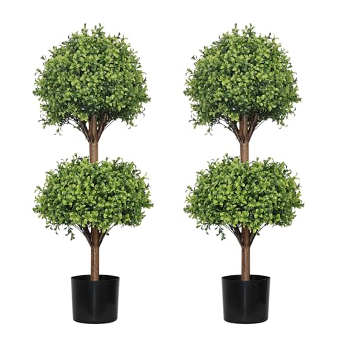 THE BLOOM TIMES 40" Tall Artificial Boxwood Double Ball Topiary Trees, UV Resistant Large Fake Potted Plants for Outdoor Planter, Realistic Faux Bushes Shrubs for Front Porch Outside Decor Set of 2 - color: Boxwood-gjl, size: 40 inch