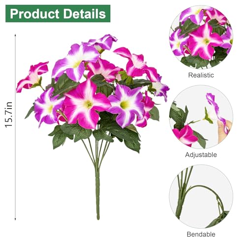 Artificial Flowers for Outdoors, 4 Pcs Realistic Fake Flowers Petunias UV Resistant Silk Morning Glory Faux Plants for Outdoor Planters Balcony Yard Window Box Porch Garden Home Outside Decor - color: Fuchsia
