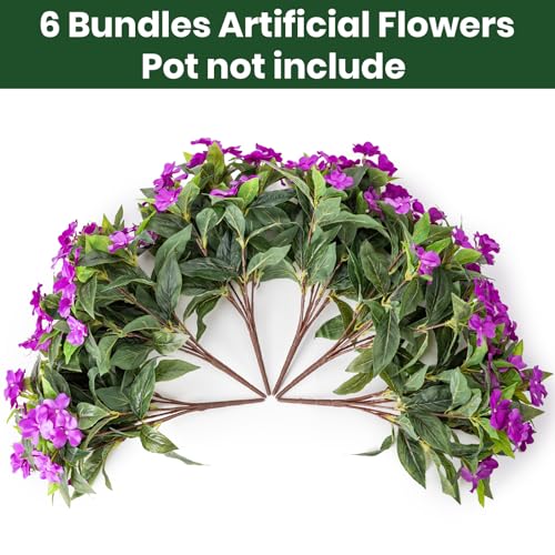 Nigirior Artificial Fake Flowers for Outdoor Décor 6 Bundles UV Resistant Fake Plants for Planter Faux Impatiens for Home Porch/Garden Stunning（Purple） - color: Purple