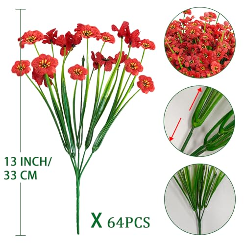 Krissing 48 Bundles Outdoor Artificial Flowers UV Resistant Fake Silk Flowers Faux Plastic Plants Outside Garden Porch Window Box Summer Decoration (Red) - color: Red