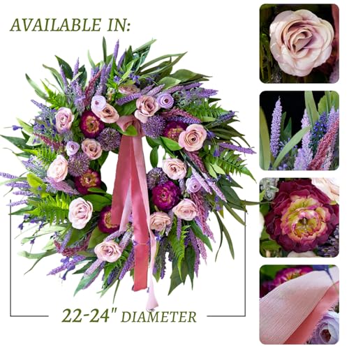 Spring Wreaths for Front Door 24 Inch Luxury Lavender Summer Wreath with Pink Ribbon,Artificial Peony & Rose Spring Door Wreath for Farmhouse Home Wall Porch Window Seasonal Display - color: Lavender