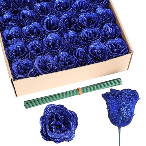 Glitter Roses,30PCS Royal Blue Flowers Artificial Roses with Stems for Wedding Bouquet Party Christmas Home Decor(Royal Blue) - color: Royal Blue