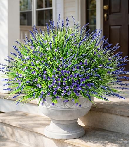 HyeFlora 20 Bundles Artificial Fake Outdoor Plants Flowers for Spring Decoration, UV Resistant Realistic Purple Plastic Flowers Faux Plant Monkey Grass for Planter Home Garden Porch Patio Window Box - color: 12pcs Purple Monkey Grass+8pcs Purple Flowers