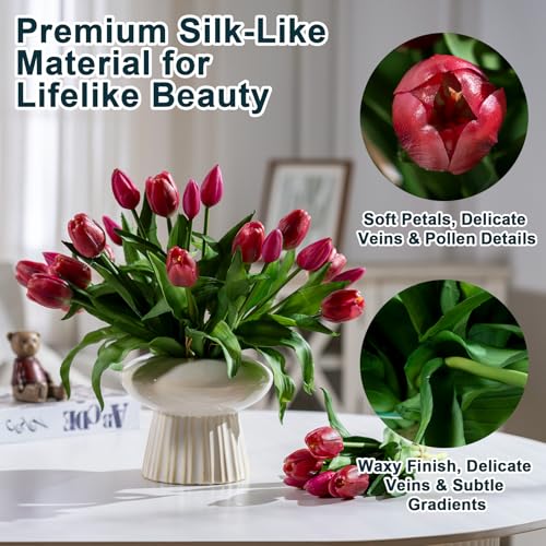 Bailikang 20PCS Fake Tulips Artificial Tulip Silk Flowers Fake PU Bouquet Artificial Flowers Faux Flowers with Gift Box Soft Faux Tulips Bouquets Arrangements for Party Wedding Home - color: Red