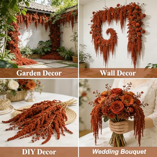 5Pcs Dried Amaranthus Hanging Flowers, 53" Neon Green Preserved Natural Wisteria for Wedding Arch, Table Centerpiece, Wall Hanging Lover Tears, Floral Arrangement (Red) - color: Red