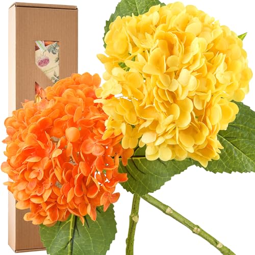 FiveSeasonStuff Real Touch Silk Hydrangea Flowers, 2 Large Long Stem Artificial Flowers for Floral Arrangements (Mixed Sunbeam Yellow & Autumn Orange) - color: Mixed Sunbeam Yellow + Autumn Orange