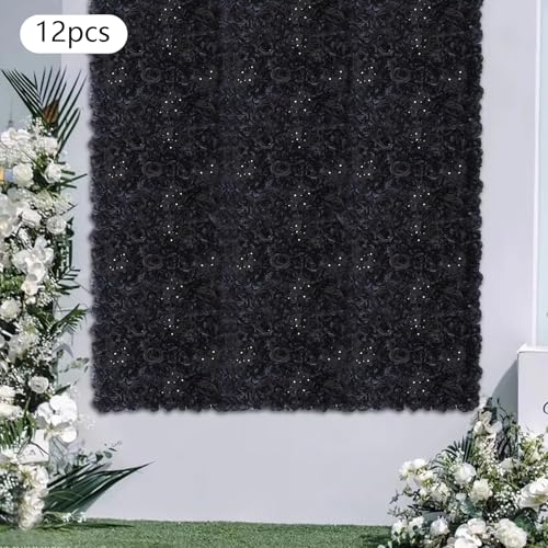 Black Rose Artificial Flowers Wall Panels, 12 Pcs Artificial Flowers Decoration, 14.96" X 14.96" Black Rose Wall Background, 3D Floral Backdrop Decoration for Wedding, Party, Nursery, Home Decor - color: Black