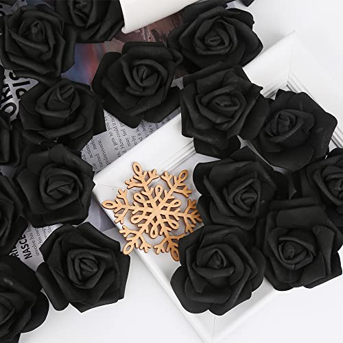 IPOPU Artificial Rose Flower Heads, 100 Pcs Real Looking Black Foam Fake Roses for DIY Wedding Baby Shower Centerpieces Arrangements Party Tables Home Decorations (Black, Stemless) - color: 100pcs Black