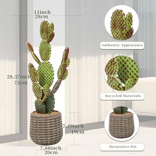 Artificial Cactus Plant Outdoor, 28” Big Fake Cacti Plants with Realistic Prickly Pear in Brown Pot, Faux Floor Plant Indoor for Home Living Room Foyer Porch Balcony Garden 2PCS