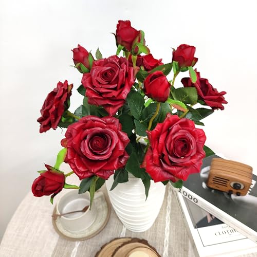 ATFL Fake Red Roses Flowers, 6 Pcs Faux Silk Real Touch Moisturizing Artificial Rose Flowers for Decoration DIY Wedding Party Home Office Decoration and Dining Table Centerpiece (6, red) - color: Red