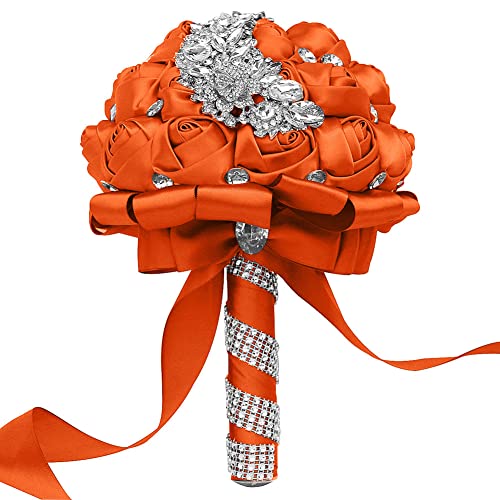 XINNI Brooch Bridal Wedding Bouquet Bride Bridesmaids Satin Rose Flower Bouquet with Meteor Shower Shape Rhinestone for Wedding Orange - color: Orange