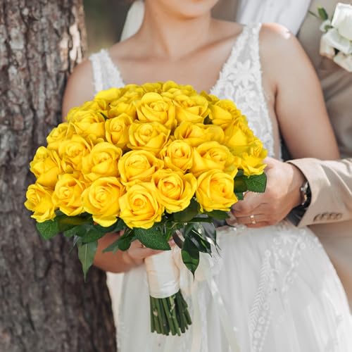 30pcs Fake Roses Artificial Silk Flowers Long Stems Bouquet for Wedding Bridal Shower Party Home Decoration (Yellow) - color: Yellow