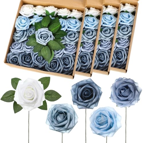 100 Pcs Artificial Foam Rose Flower Faux Bouquet Wedding Fake Rose Gift for Mother's Day Women DIY Bridal Shower Party Table Birthday Home Spring Decor (Blue and White Gradient) - color: Blue and White Gradient