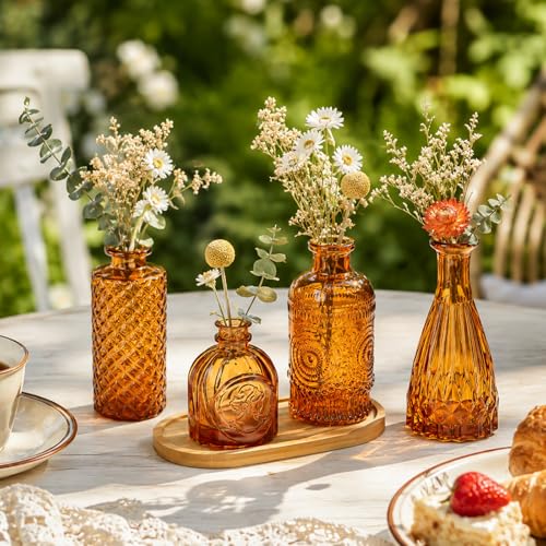 Amber Glass Bud Vases Set of 5, Mini Flower Vase for Centerpieces, Brown Small Bud Vases in Bulk for Wedding Decorations, Vintage Vase for Table, Recepetion, Home Décor - color: Amber Brown, size: 5pcs