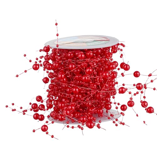 13Feet Pearl String Spool Roll for Floating Candles Faux Pearls Strands Garland for Vase Filler Wedding Centerpiece Christmas Table Decor (Red) - color: Red