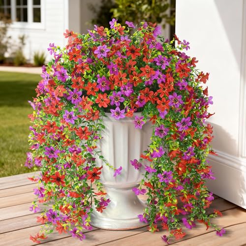 ZFProcess Artificial Hanging Flowers for Outdoors, 2 Pcs Fake Hanging Plant Spring Summer Decor, UV Resistant No Fade Realistic Faux Flower for Front Door Porch Planter Patio Garden Yard(Red Purple) - color: Red Purple