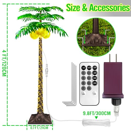 4FT LED Lighted Palm Tree with 281pcs Lights, Artificial LED Palm Tree with 3 Glowing Coconuts, Simulated Trunk with Lights, 8 Lighting Modes&Timer. - size: 4FT