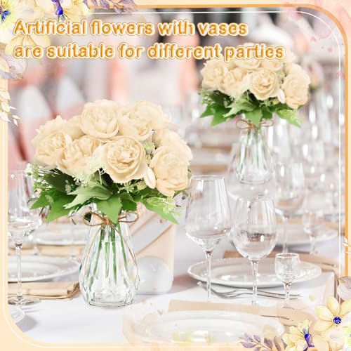 Zeyune 37 Pack Artificial Peonies Flowers with Bud Vase Bulk 24 Bundles Silk Peonies Bouquets 12 Plastic Clear Vase with 1 Rope Fake Flowers for Table Centerpiece Vases(Champagne,Round Head) - color: Champagne, style: Round Head